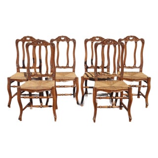 Set of Six Vintage French Country Brown Rush Dining Chairs For Sale