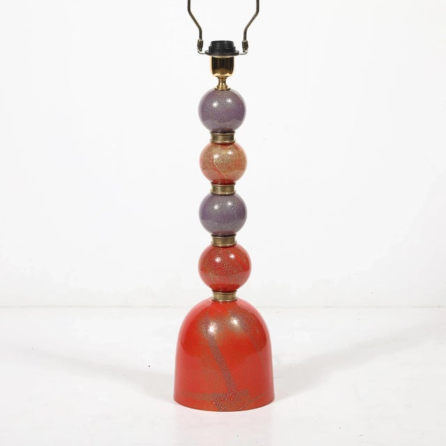 Mid-Century Hand-Blown Coral Red & Lilac Murano Glass Stacked Ball Table Lamps For Sale In New York - Image 6 of 12