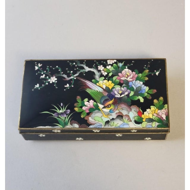 Japanese Vintage Japanese Cloisonné Floral & Bird Hinged Box on Black Ground For Sale - Image 3 of 8