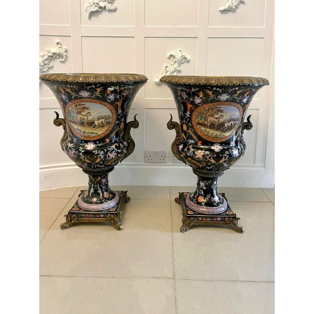 Antique French Porcelain and Brass Mounted Jardinière Urns, 1880, Set of 2 For Sale - Image 3 of 17
