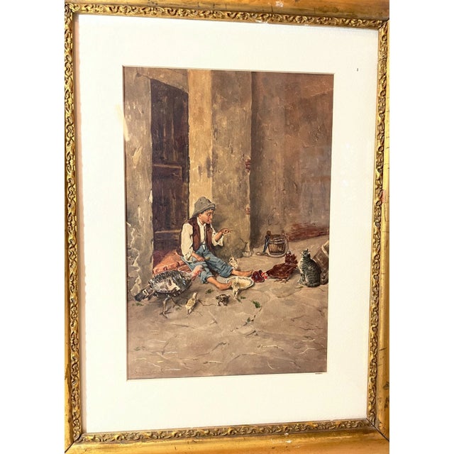 Realism Share Antique 1800's G Guerrini Original Gouache Watercolor Poor Boy Animals Painting For Sale - Image 3 of 13