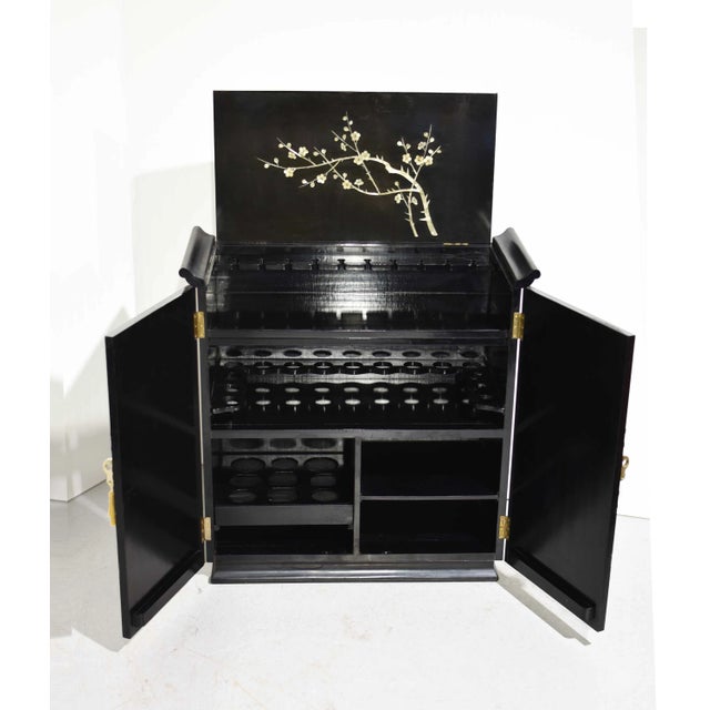Mid Century Chinoiserie Altar Mother of Pearl Flip Top Liquor Bar For Sale - Image 4 of 12