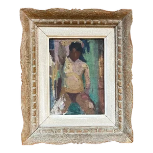 French Mid-Century Modern Oil Painting on Board Nude Study in Original Frame Circa 1950