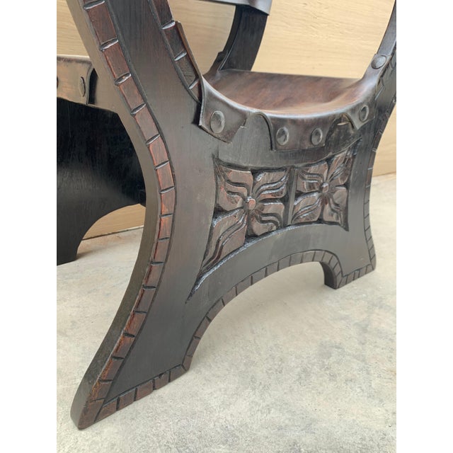 Wood 20th Century Pair of Carved Walnut Spanish Savonarola with Foot Rest For Sale - Image 7 of 18