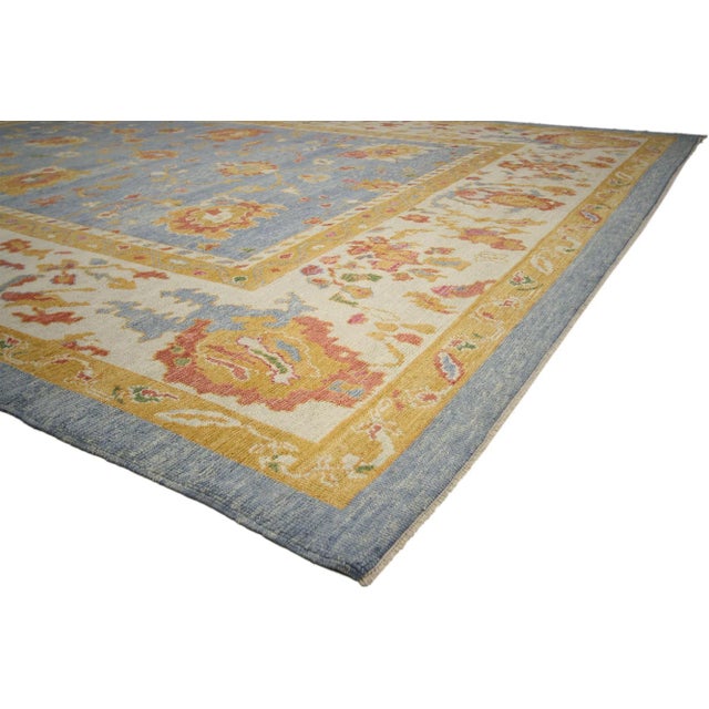 52381 Colorful Vintage blue Turkish Oushak Rug, 11'10 x 15'09. This hand-knotted wool Turkish Oushak rug features a sunny...