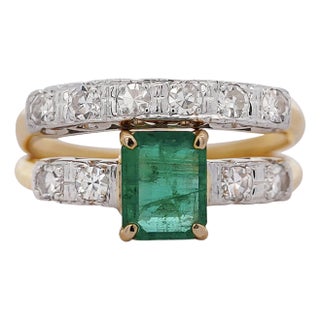 1.5 Carat Emerald & Old Cut Diamond 2-Piece Wedding Band & Ring Set For Sale