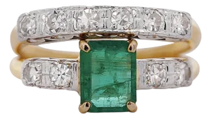1.5 Carat Emerald & Old Cut Diamond 2-Piece Wedding Band & Ring Set