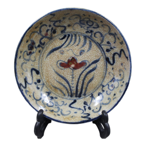 Chinese Vintage Ceramic Plate,Blue and White Underglaze Red Porcelain Plate Hand Painted Flowers Pattern