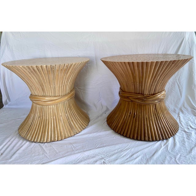 Wood Mid-Century Modern McGuire Round Wheat Bamboo Sheaf Base Side or Accent Tables - Two Available For Sale - Image 7 of 9
