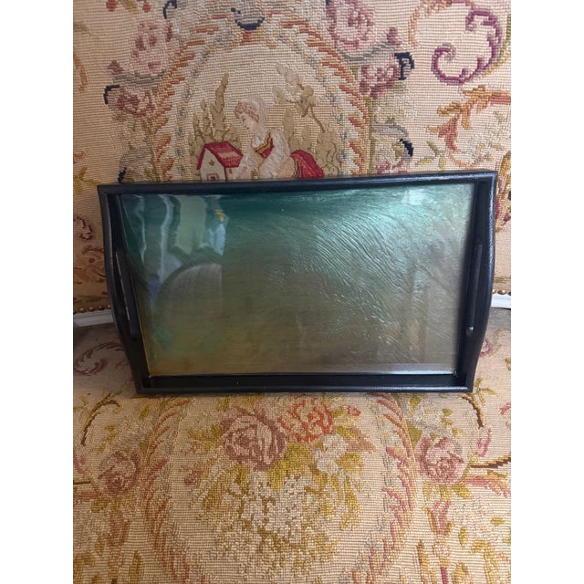 Abstract A Hand Painted Black Drinks Tray With Shadesbof Celadon Green Decorations. For Sale - Image 3 of 3