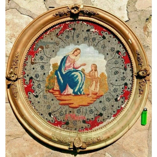 Gold 19th Century Antique French Hand Stitched Framed Needlepoint Tapestry "Ste Marie" For Sale - Image 8 of 13