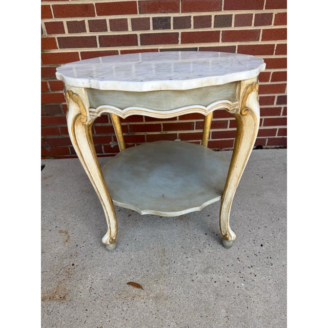 Vintage Hand-Painted Pale Blue & Marble Newly Painted Two-Tier Accent Table by Turtle and Crane - Italian Rococo Style For Sale - Image 4 of 13