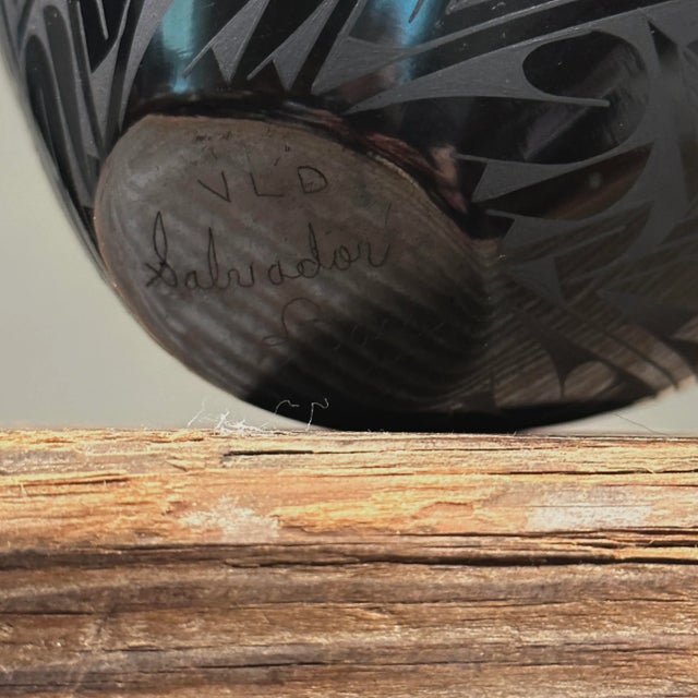 Vintage Mata Ortiz Polished Painted Geometric Blackware Pottery by Salvator Baca For Sale In Philadelphia - Image 6 of 6