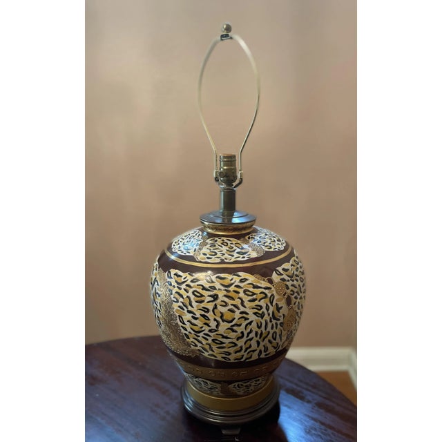 1970s Large Round Hand Painted Leopard and Brass Table Lamp For Sale - Image 4 of 10