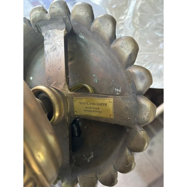 Late 20th Century Maitland-Smith Four Light Bouillotte Chandelier, Large Hand Made Silk Shade, Unique Architectural Design, Burnished Bronze Finish For Sale - Image 10 of 14