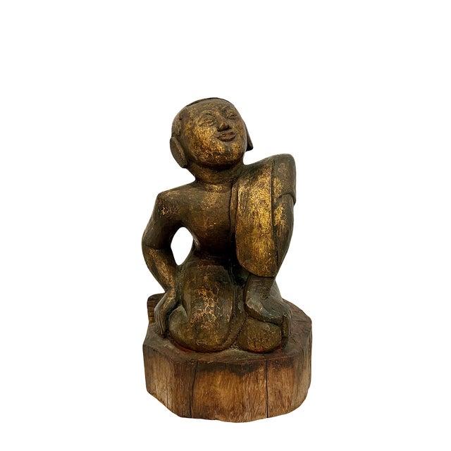 Late 19th Century Antique Wood Hand Carved Burmese Monk Figure With Gilding For Sale