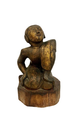 Late 19th Century Antique Wood Hand Carved Burmese Monk Figure With Gilding