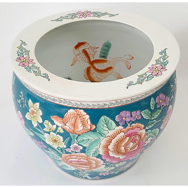 Chinese Goldfish Fishbowl Planter & Wood Stand For Sale In Miami - Image 6 of 10