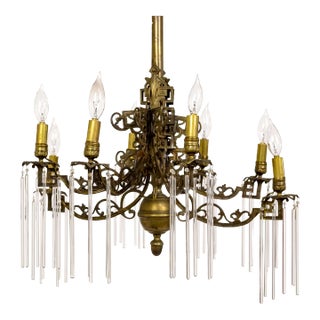 Antique Victorian Brass C-Curve Chandelier With Crystal Rods For Sale
