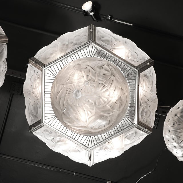 Pair of Art Deco Hexagonal Frosted Glass & Nickeled Bronze Chandeliers by Degue For Sale - Image 16 of 18