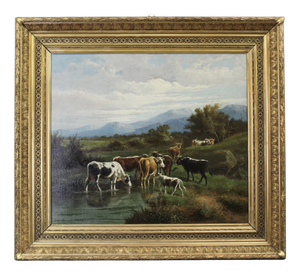 Giovanni Melone, Cows Grazing, 19th Century, Oil Painting on Canvas, Framed