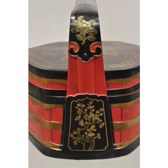 Chinoiserie Vintage Chinese Black & Red Lacquer Floral Painted Lidded Wooden Tea Caddy Box For Sale - Image 3 of 11