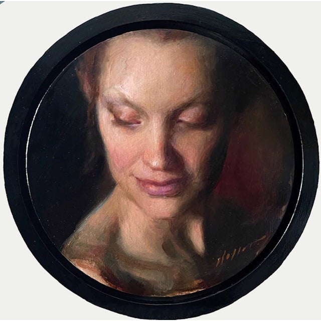 This oil painting captures a moment of introspection, featuring a softly illuminated figure with closed eyes and a serene...