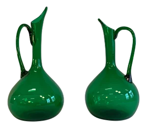 1940s Empoli Verde Mid-Century Italian Glass Pitchers Vases or Ewers - a Pair