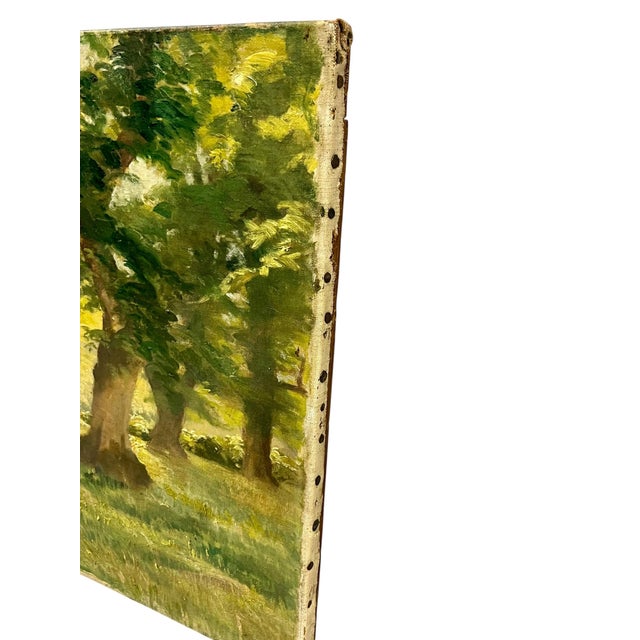 Textile Antique 19th-Century French Impressionist Landscape Oil Painting Sunlit Forest For Sale - Image 7 of 18