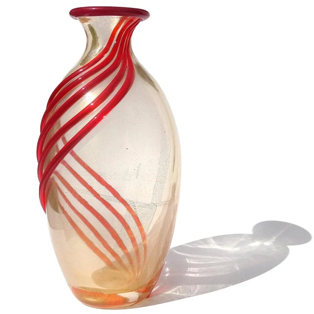 Late 20th Century Murano Seguso Signed Vintage Red Bands Heavy Gold Flecks Italian Art Glass Decorative Flower Vase For Sale - Image 5 of 9