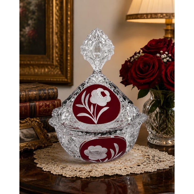 An elegant vintage German Hofbauer covered crystal candy dish featuring richly faceted lead crystal accented with striking...