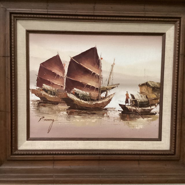 The product is a vintage painting of mixed media Chinese junk boats by artist Paul Wong, framed in a contemporary style....