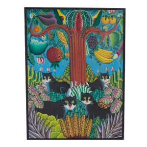 Vintage Haitian Painting With Black Cats and Fruit by Pierre Louis