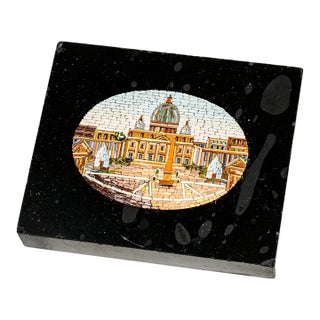 Fantastic Antique 19th Century Italian Micromosaic Paperweight St. Peter’s Basilica Rome Grand Tour Black Marble Desk Plaque Home Decor For Sale