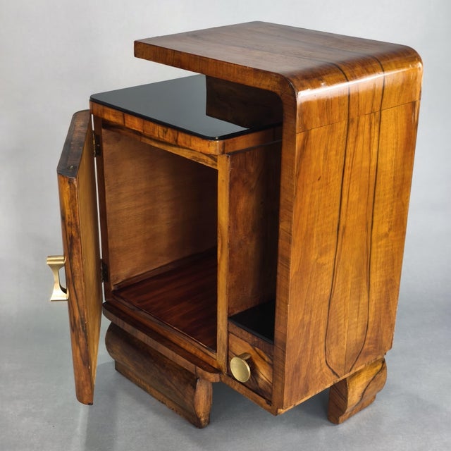 Art Deco Walnut Bedside Tables with Black Glass Tops, 1940s, Set of 2 For Sale - Image 4 of 7