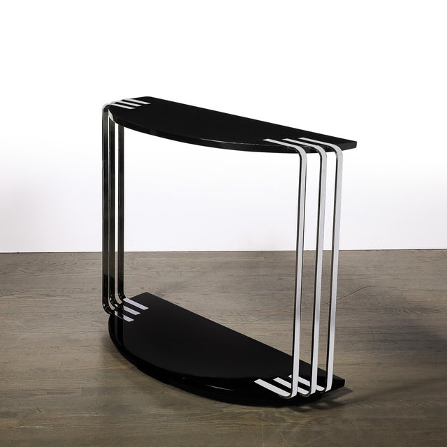 Art Deco Demilune Chrome and Black Lacquer Console Table by Donald Deskey For Sale - Image 10 of 14