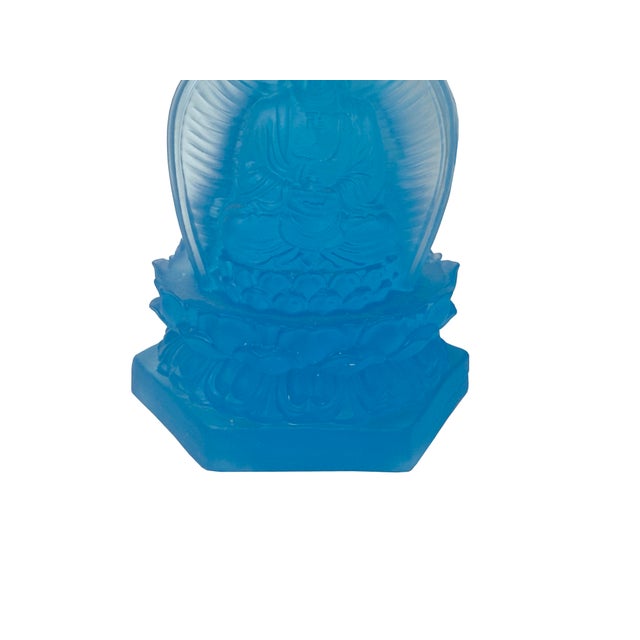 Blue Frosted Crystal Glass Lotus Base 3 Sides Bodhisattva Sanbao Figure For Sale - Image 13 of 13