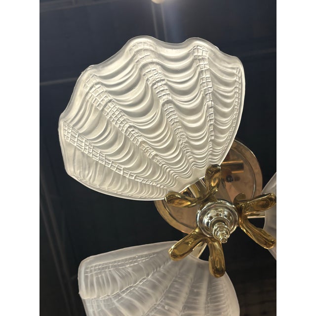 1970s Vintage Murano Glass Ceiling Flush Mount Chandelier 3 Light Scalloped Clam Shell For Sale - Image 5 of 11