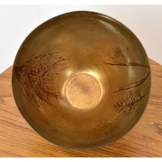 Brown Mid Century Modern Flower Wheat Decor Enamel Metal Bowl For Sale - Image 8 of 11