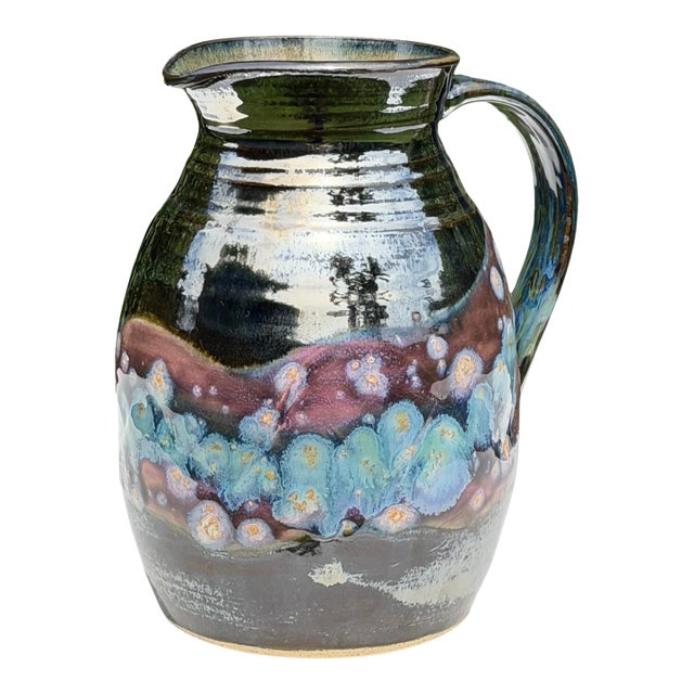 Vintage Signed Studio Pottery Crystalline Glazed Art Pitcher For Sale