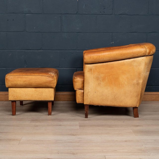 Set of 20th Century Dutch Sheepskin Leather Tub Chair & Footstool For Sale - Image 3 of 13