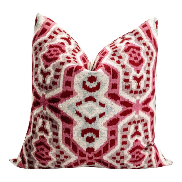 Canvello Handmade Velvet Throw Pillow With Red and Pink Ikat Design & Premium Down Feather Insert For Sale