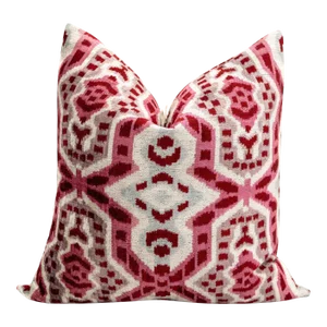 Canvello Handmade Velvet Throw Pillow With Red and Pink Ikat Design & Premium Down Feather Insert