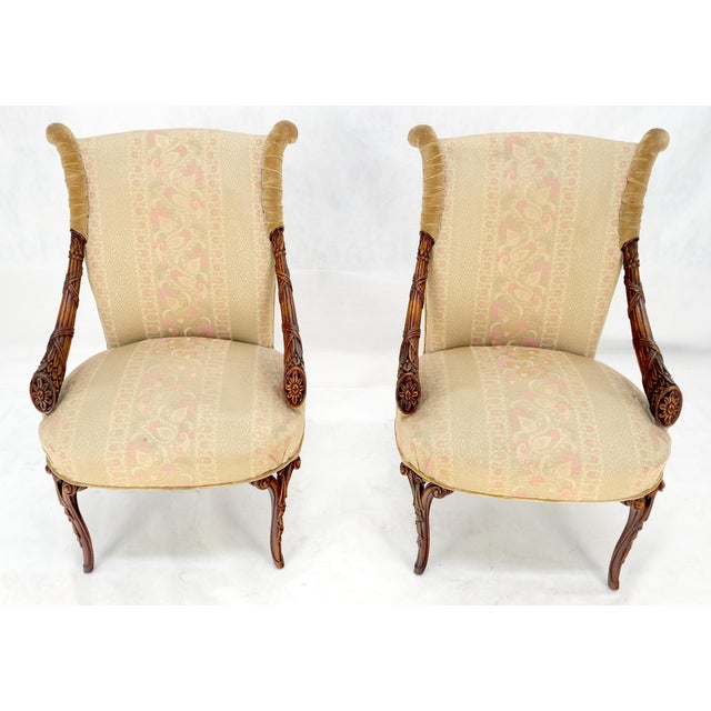 Pair of Carved Mahogany Fireside Lounge Chairs Regency Revival Style Clean! For Sale - Image 9 of 15