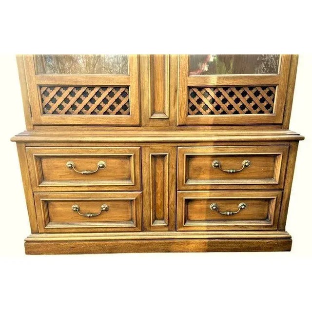 Spanish Revival Drexel Esperanto by Jim Peed - Pecan Wood China Cabinet - Made in 1964 - 52" W X 16" D X 78" H For Sale - Image 3 of 6