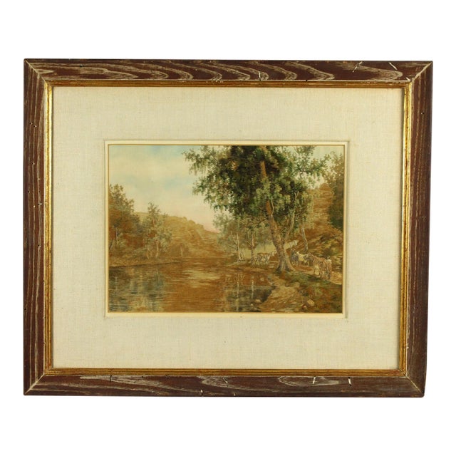 Early 20th Century Needlework Silk Embroidery Pastoral Landscape With Cattle, Signed For Sale