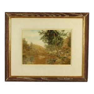 Early 20th Century Needlework Silk Embroidery Pastoral Landscape With Cattle, Signed