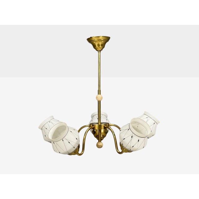 Swedish Mid-Century Modern, Chandelier or Pendant Light, Opaline Glass, Brass, Plastic, Sweden, 1930s A five arm art deco...