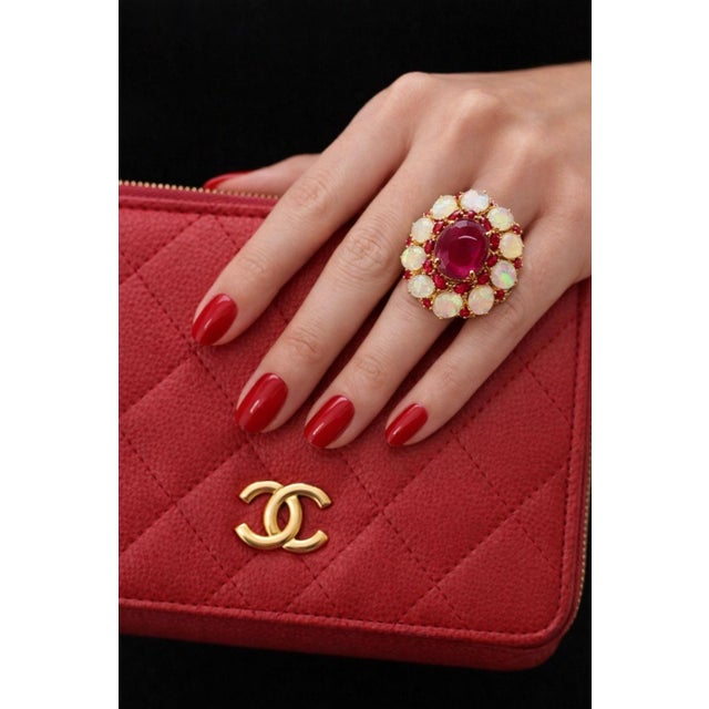 Bochic “Capri” Vintage Natural Ruby & White Opal Retro Ring Set In 18K Gold & Silver For Sale - Image 10 of 10