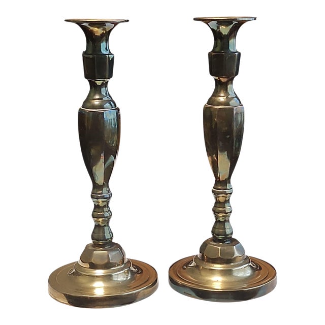 1970s House of Goebel Solid Brass Candlestick Holders - A Pair For Sale